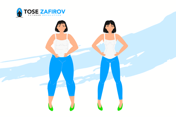 An illustration of a woman at two different phases in life, one of which is thinner, representing the result of a weight loss journey.