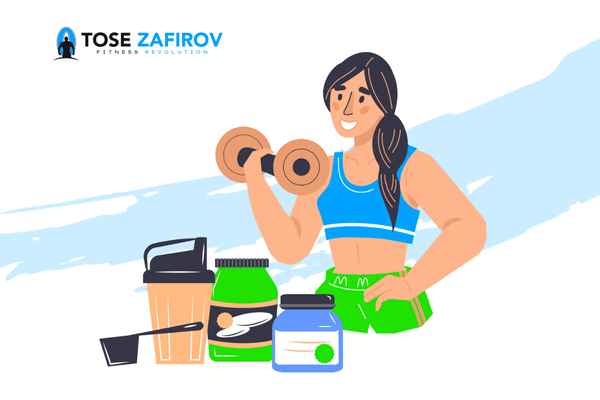 An illustration of a woman with a weight in one hand and a set of protein powders in front of her.