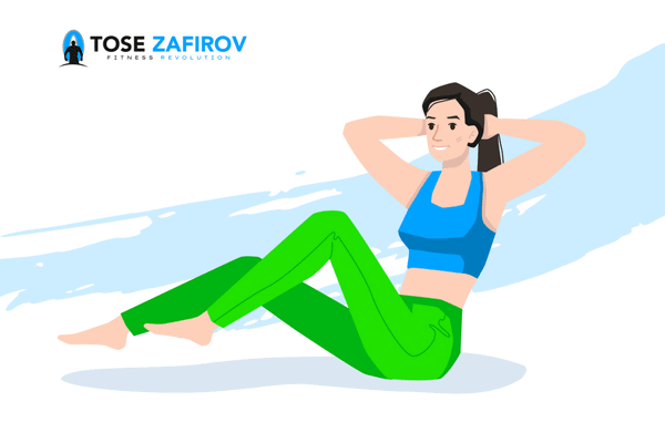 Илустрација на жена која вежба во зелени хеланки и син топ. Таа прави стомачни како дел од нејзината редовна физичка активност.